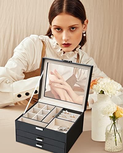 מארגן קופסאות תכשיטים V-Lafuy, קופסת תכשיטים עם מכסה זכוכית, קופסת תכשיטים לגברים מארגן תכשיטים עגילי