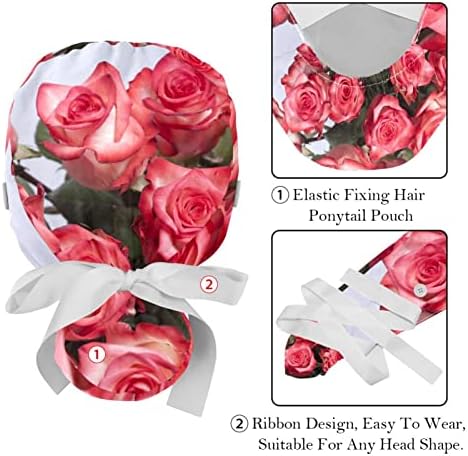 כובעים רפואיים לנשים עם כפתורים שיער ארוך, כובע עבודה מתכוונן 2 חלקים, פרחי ורדים ורודים