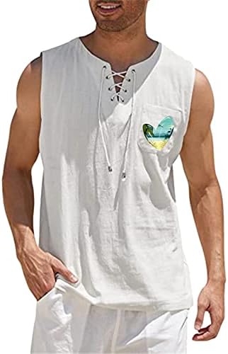פשתן כותנה של ZDDO לגברים גופיות היפי קיץ תחרה למעלה V חולצות אפוד ללא שרוולים בצוואר חוף גרפי פשוט