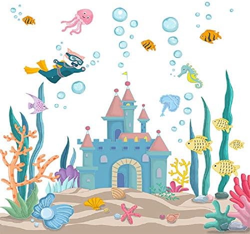 קריקטורה נשלפת 3 ד ' עשה זאת בעצמך מתחת לעולם הים מדבקות קיר טירה ואצות מדבקות קיר אוקיינוס דגים וול