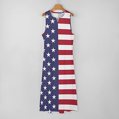 4 ביולי מקסי שמלה לנשים רופף מזדמן קיץ בוהו שמלה ללא שרוולים צווארון שמלת אמריקאי דגל זורם חוף שמלות