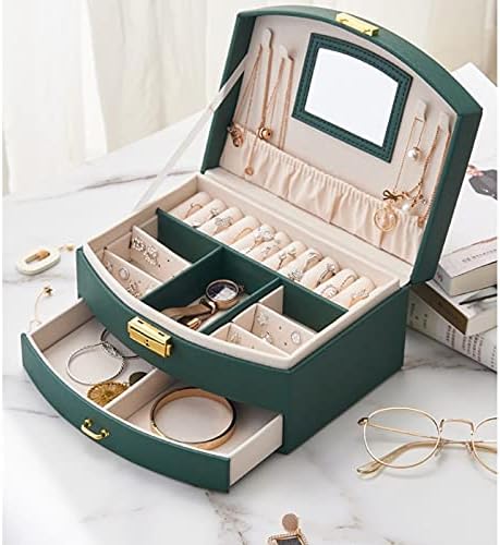 תיבת תכשיטי עור SMLJLQ קופסת תכשיטים עור עם שרשרת מראה ומגירה קיבולת קיבולת תכשיטים עגילים רב -פונקציונליים