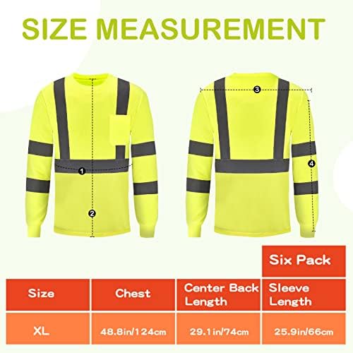 JAGELY 6 חלקים נראות גבוהה בטיחות חולצת עבודה בטיחות לגברים שרוול ארוך חולצות בנייה צהובות עם כיס קדמי,