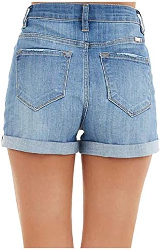 מכנסי ג'ינס קצרים של לריאו לנשים צבע מותניים גבוה מגולגל ישר מכנסי מכנסיים קצרים במצוקה מזדמנת, מכנסיים