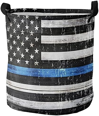 מתקפל כביסת סל אחסון סל, כפרי אמריקה לאומי דגל שחור כחול קו בגדי סל סל עם ידית עמיד למים כביסה תיק עגול