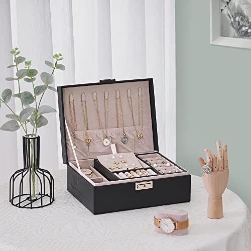 קופסת תכשיטים בוישום לנשים בנות, 2 שכבות תיבת מארגן תכשיטים עם 2 מארז שעון מגש נשלף, קופסאות תכשיטים