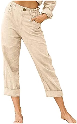 מכנסי פשתן כותנה לנשים מכנסי חוף אלסטיים אלסטיים מזדמנים מכנסי חוף רגליים מרגיעים מכנסי טרנינג משיכת