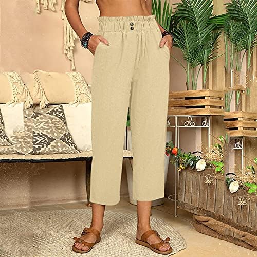 מכנסי פשתן לשימוש לנשים מכנסיים מותניים אלסטיים מכנסיים עלייה גבוהה מכנסיים נושמים מכנסי קיץ עם כיס
